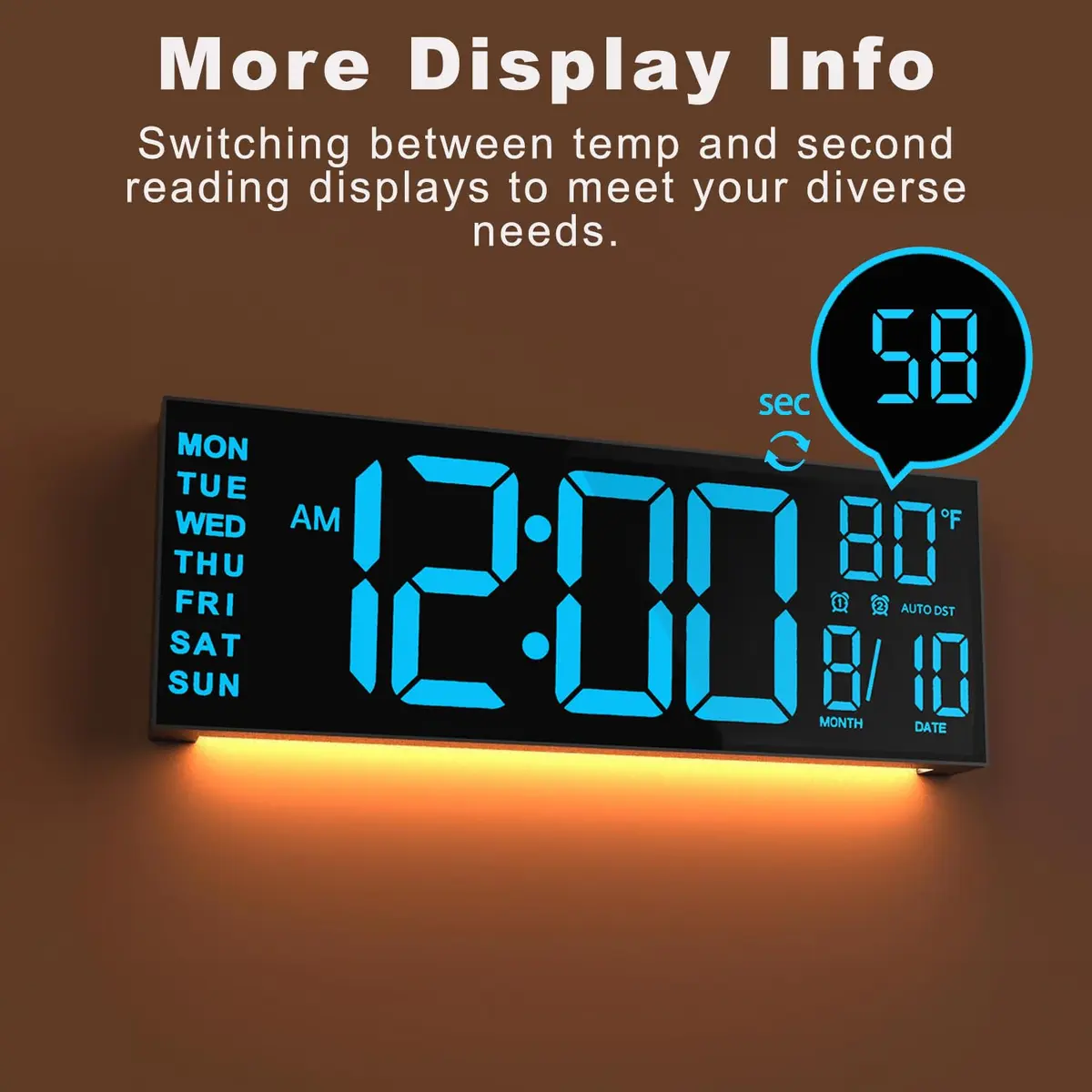 JALL 13" Digital Wall Clock with Alarm & Timer | Large LED Display, Auto DST, Temperature, RGB Night Light (13 inches) - view 9