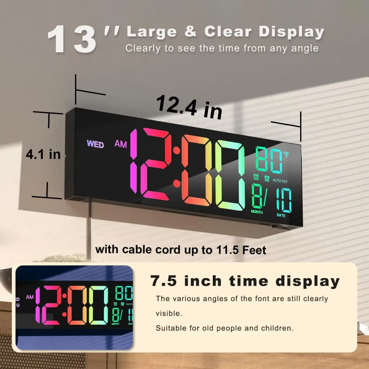 JALL Black 13 Inch Large Digital Wall Clock with Date, Day, Temperature & Auto DST - view 2