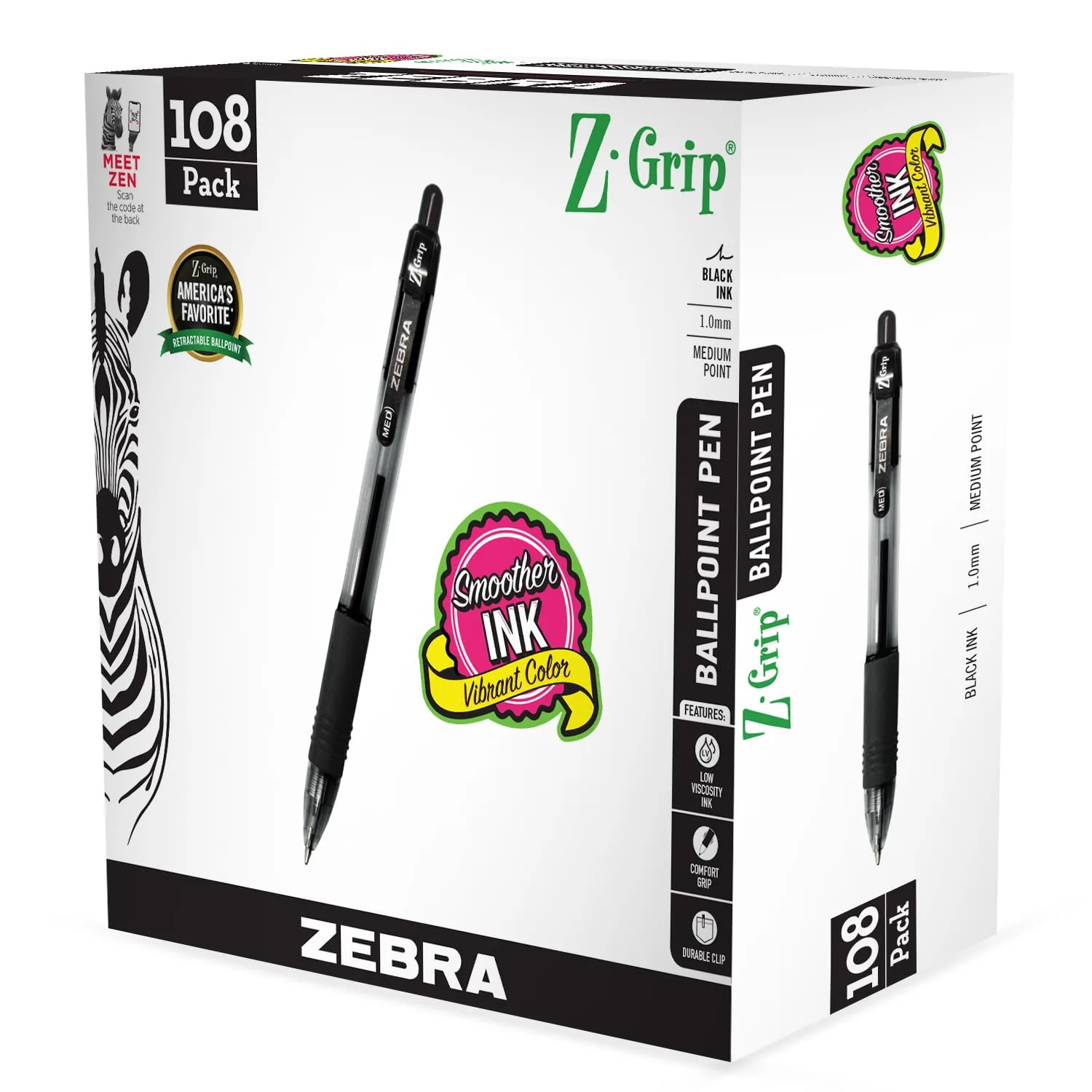 Zebra Pen Z-Grip Retractable Ballpoint Pen, Black Ink, 1.0mm Medium, 108-Pack | Smooth Writing Instrument for Students & Office - main product image