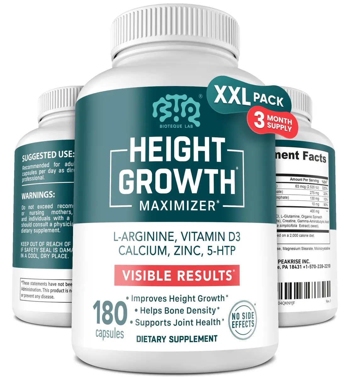 BIOTEQUELAB Height Growth Maximizer, Calcium, Vitamin D3 & Zinc, 180 Caps | Bone Support for Kids & Teens - main product image
