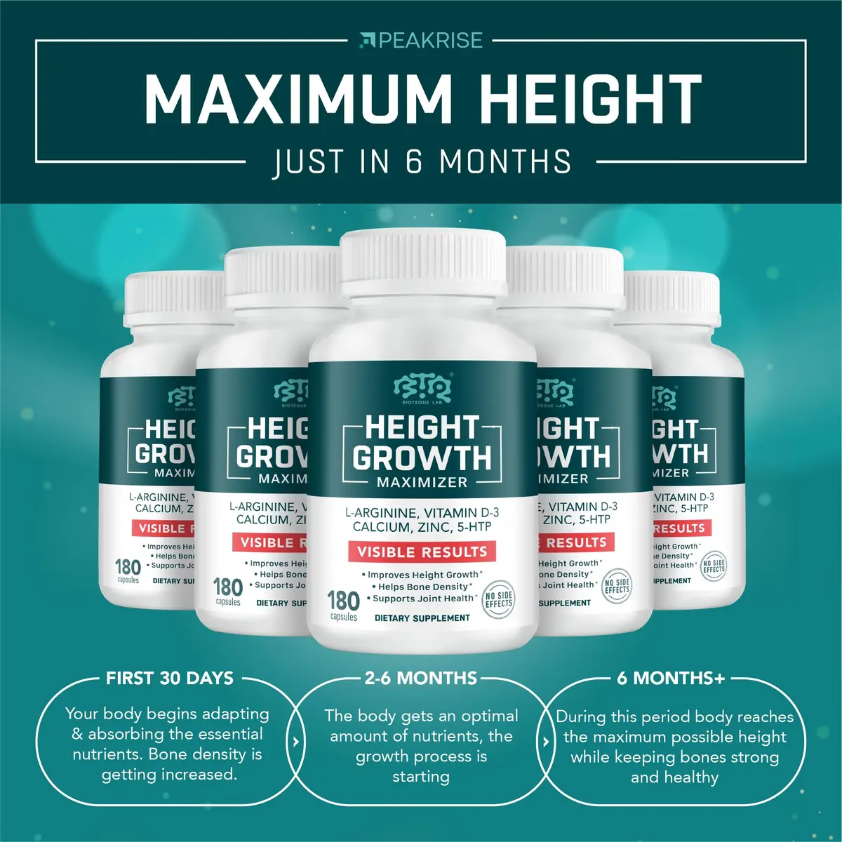 BIOTEQUELAB Height Growth Maximizer, Calcium, Vitamin D3 & Zinc, 180 Caps | Bone Support for Kids & Teens - view 5