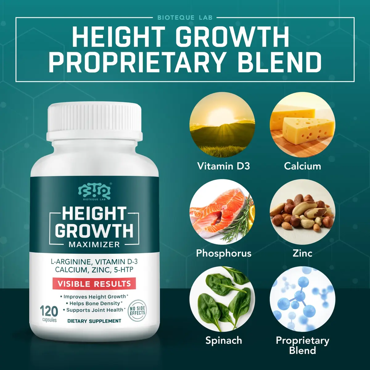 BIOTEQUELAB Height Growth Maximizer, Calcium, Vitamin D3 & Zinc, 180 Caps | Bone Support for Kids & Teens - view 8