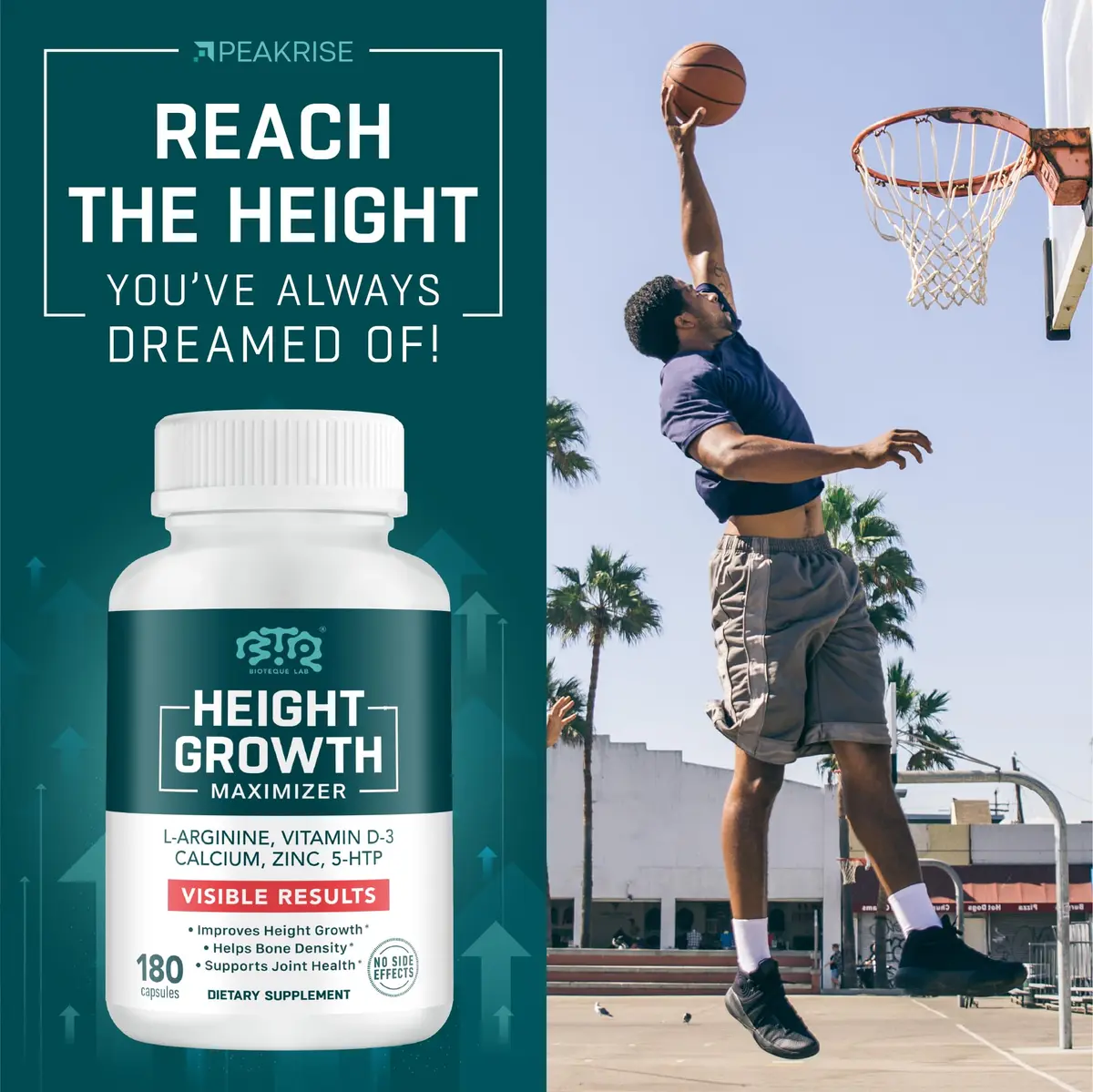 BIOTEQUELAB Height Growth Maximizer, Calcium, Vitamin D3 & Zinc, 180 Caps | Bone Support for Kids & Teens - view 2