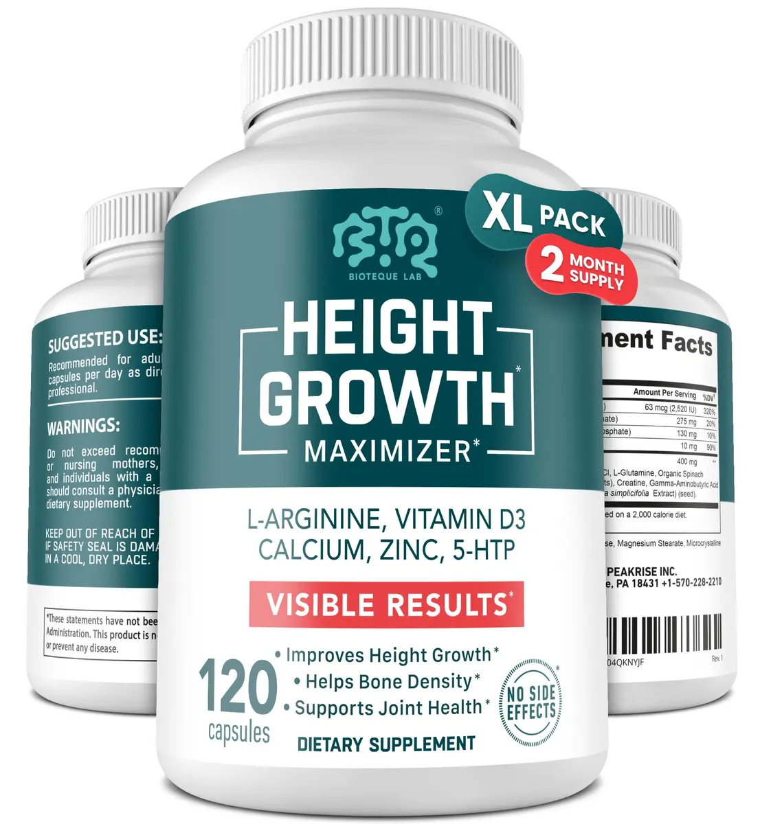 BIOTEQUELAB Height Growth Maximizer, Calcium, Vitamin D3 & Zinc, 120 Caps | Bone Support & Natural Growth - main product image