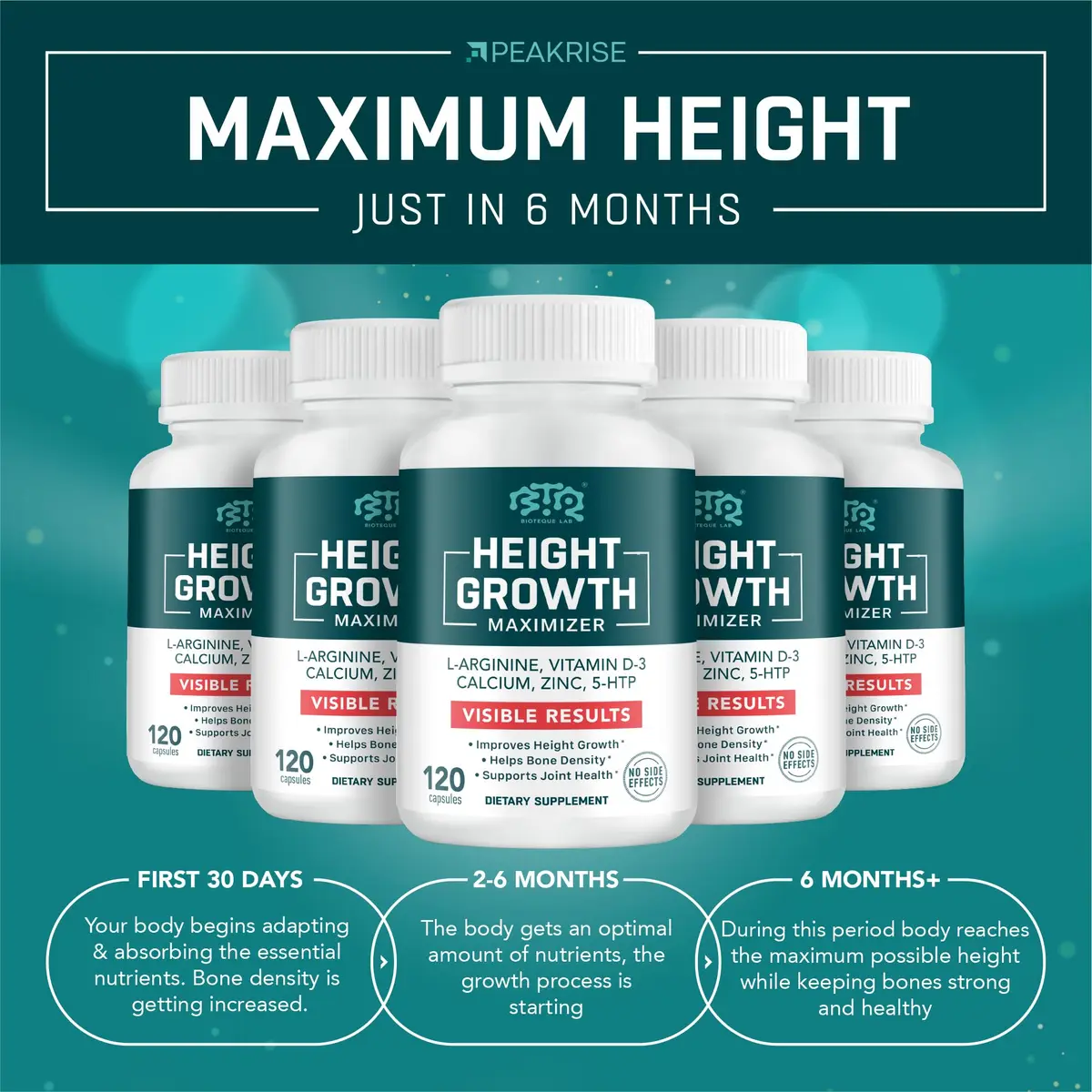 BIOTEQUELAB Height Growth Maximizer, Calcium, Vitamin D3 & Zinc, 120 Caps | Bone Support & Natural Growth - view 5