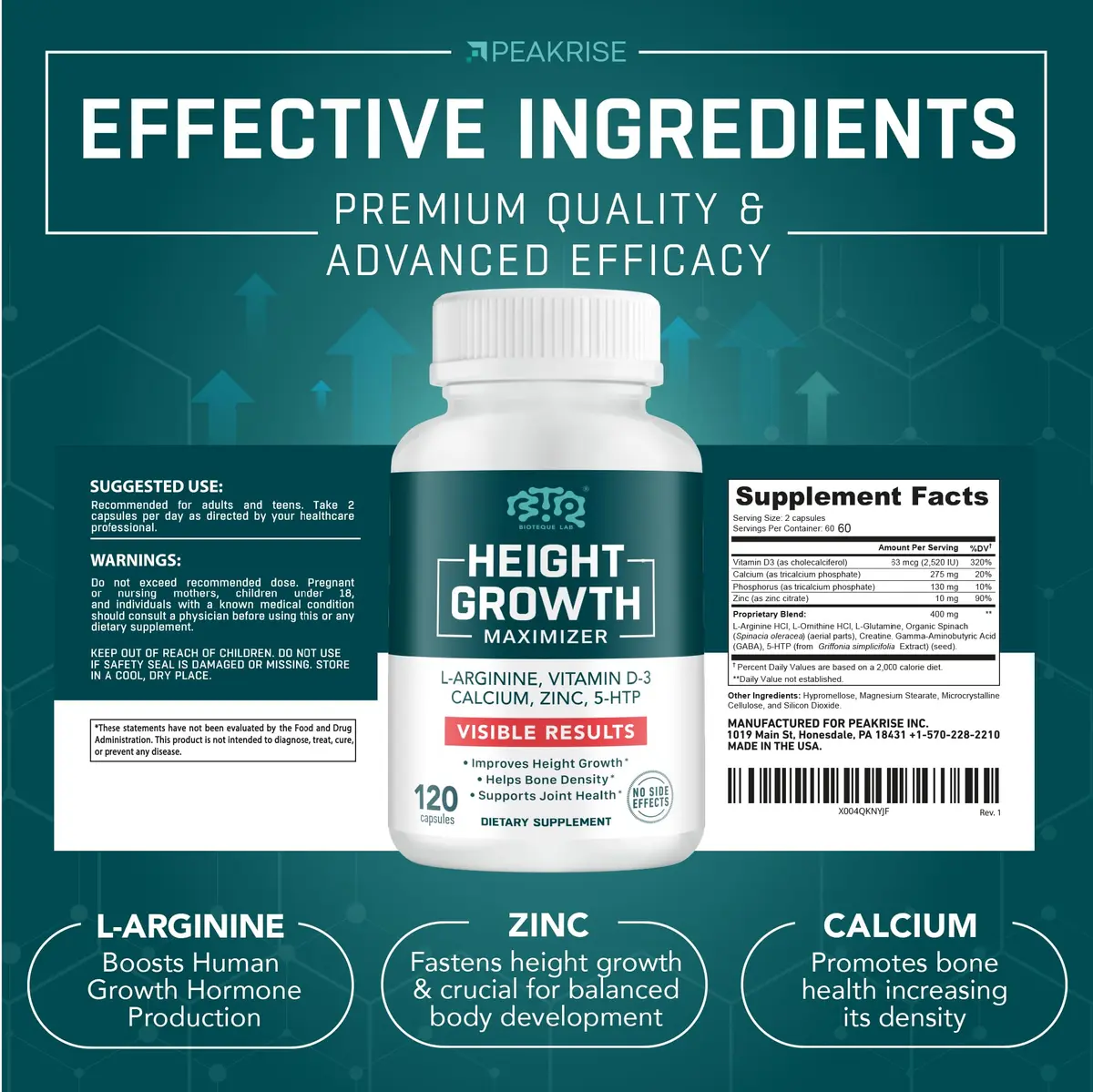 BIOTEQUELAB Height Growth Maximizer, Calcium, Vitamin D3 & Zinc, 120 Caps | Bone Support & Natural Growth - view 3