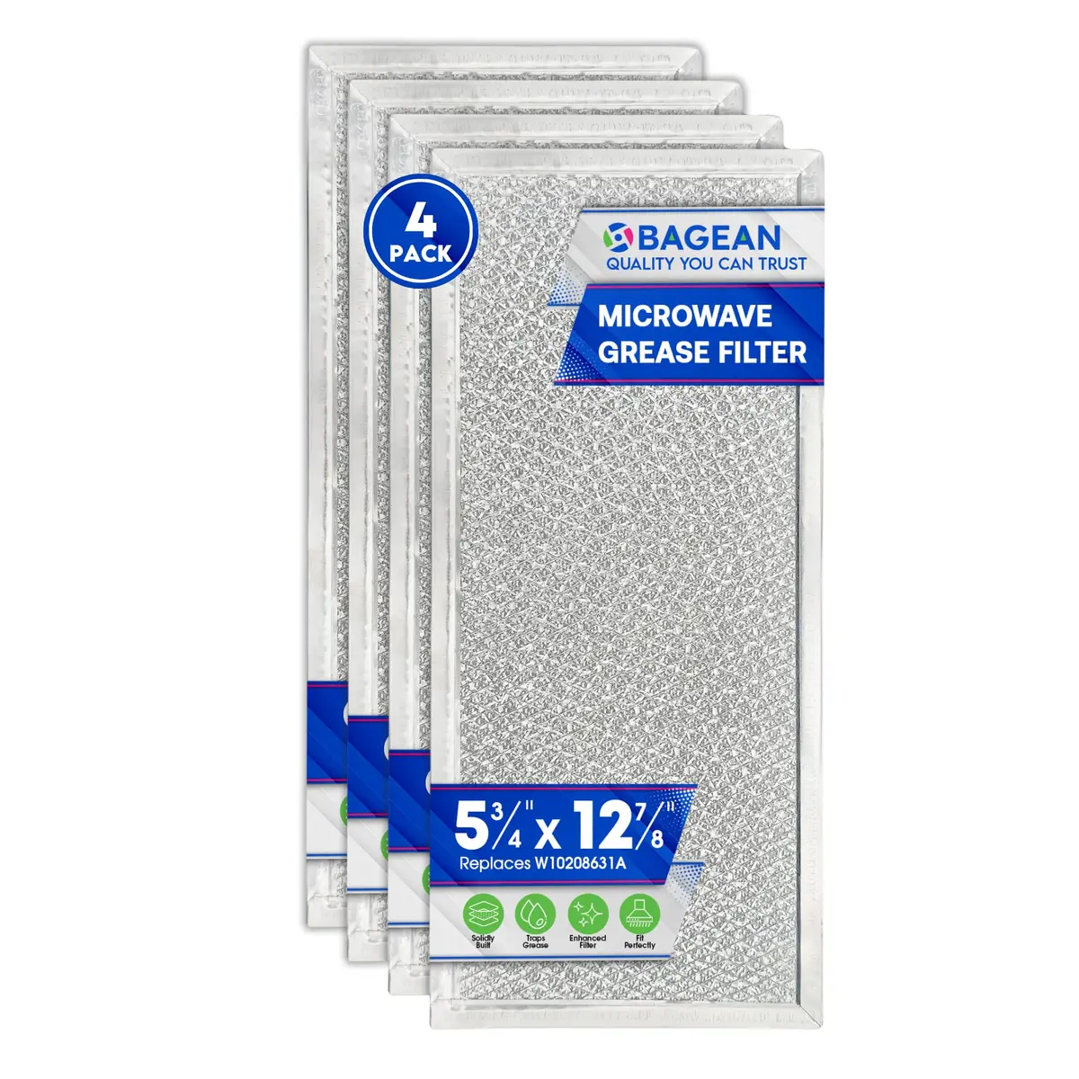 Bagean Microwave Filter 14.7cm x 32.8cm (5.8"x12.9") 4-Pack | Replacement for Whirlpool W10208631A Grease Filters - main product image