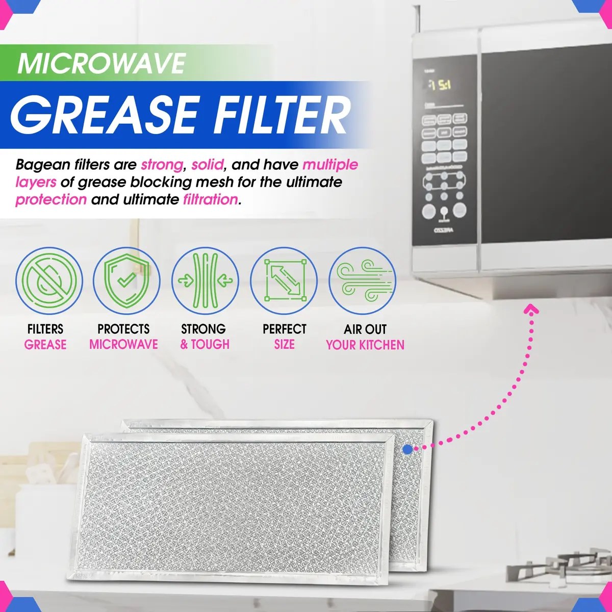 Bagean Microwave Filter 14.7cm x 32.8cm (5.8"x12.9") 4-Pack | Replacement for Whirlpool W10208631A Grease Filters - view 2