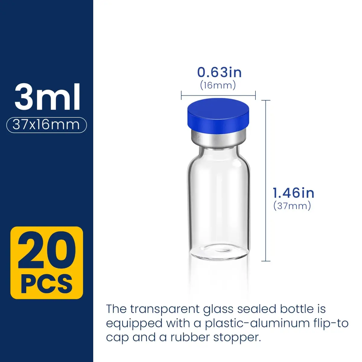 FURWEY 3ML Sterile Vials with Injection Ports, 20 Pack | Borosilicate Glass for Lab Use - view 2
