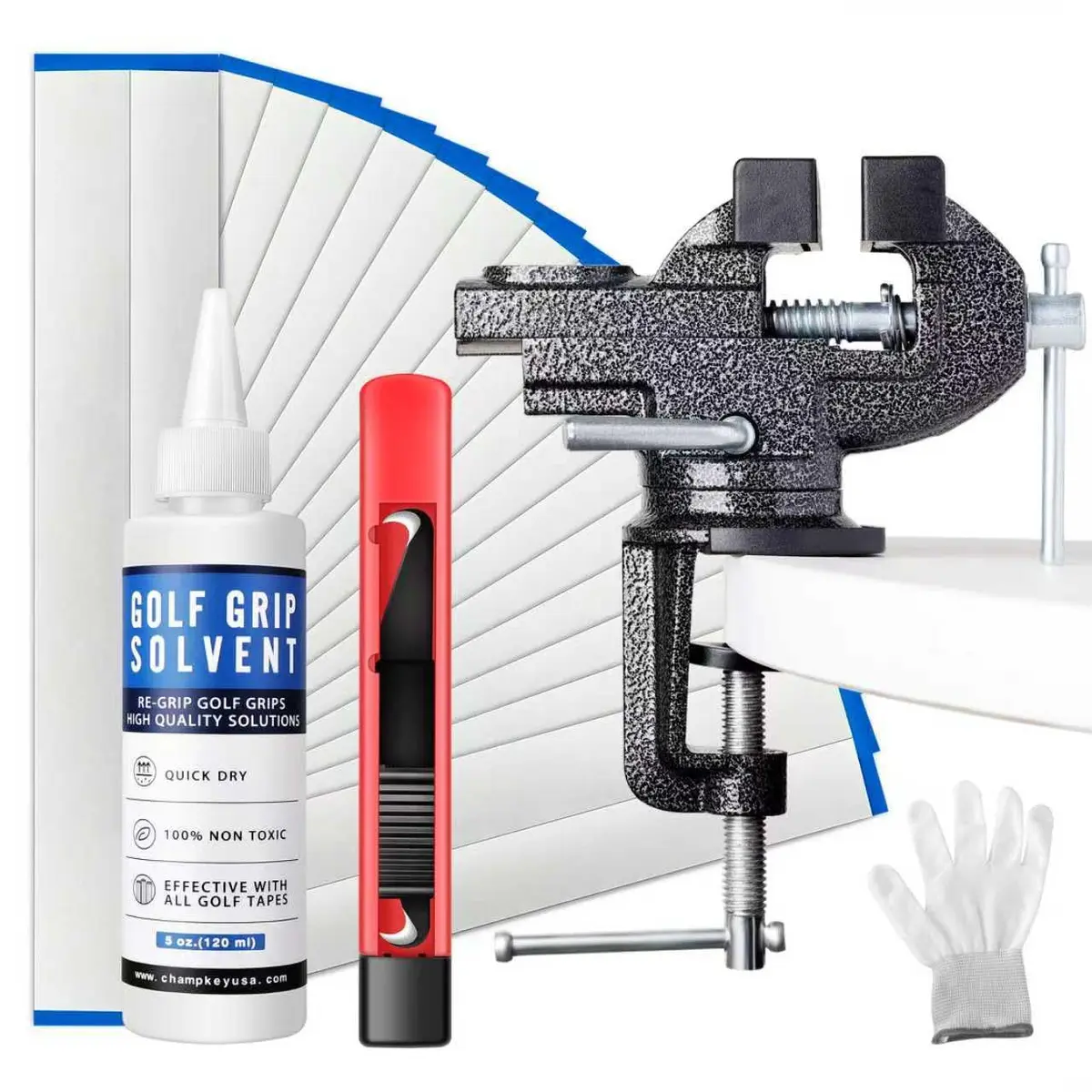 CHAMPKEY Deluxe Golf Club Grip Repair Kit with Metal Table Vise, 5 oz Solvent, 15 Tapes, Glove (4-in-1) - main product image