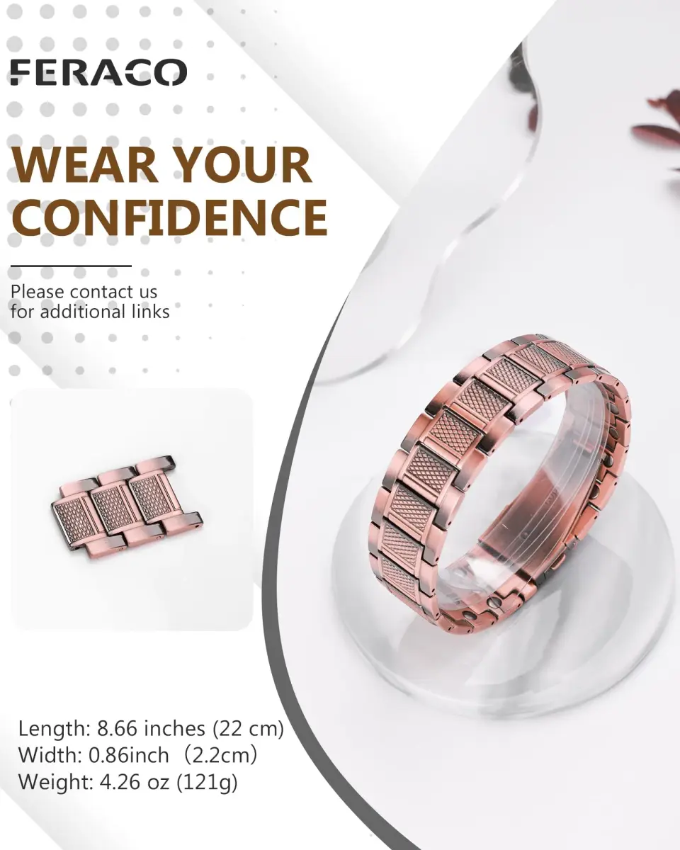 Feraco Magnetic Copper Bracelet for Men | 23 cm (9.1 inches) | 57 x 3800 Gauss Magnets | Classic Geometric Pattern - view 6
