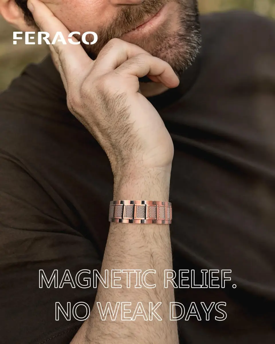 Feraco Magnetic Copper Bracelet for Men | 23 cm (9.1 inches) | 57 x 3800 Gauss Magnets | Classic Geometric Pattern - view 2