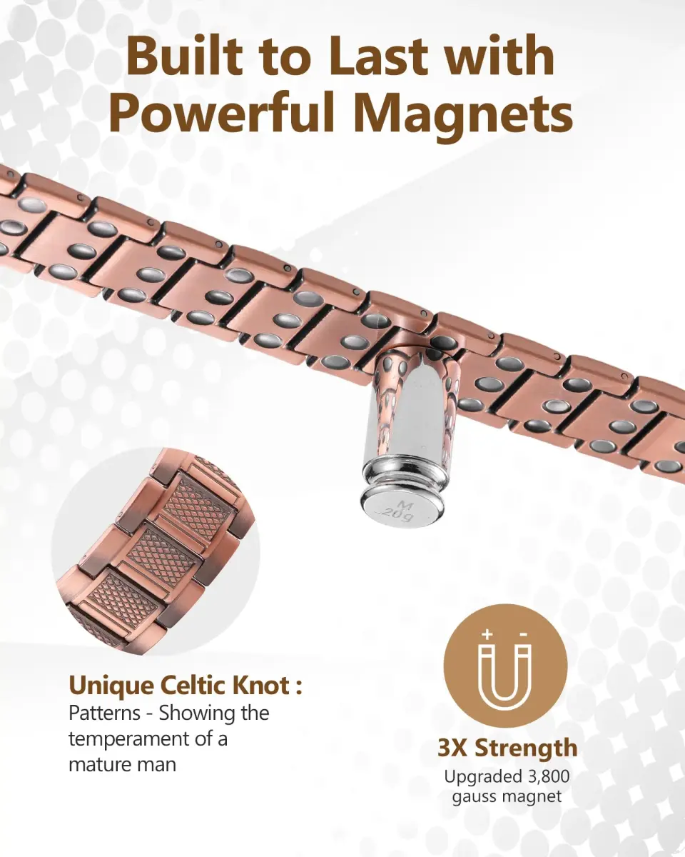 Feraco Magnetic Copper Bracelet for Men | 23 cm (9.1 inches) | 57 x 3800 Gauss Magnets | Classic Geometric Pattern - view 3