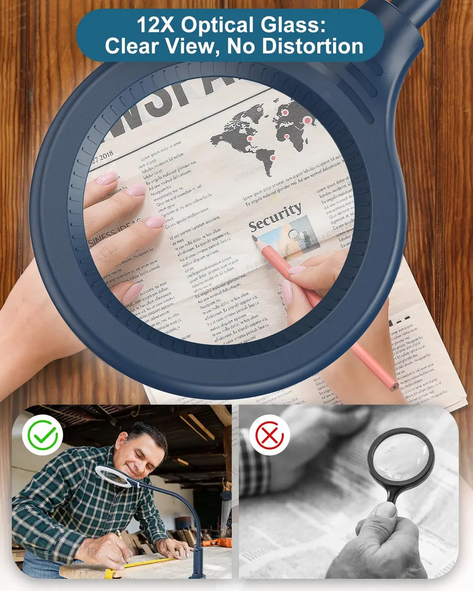 RackydigPro 12X Magnifying Glass with Light and Stand | 3.75-inch Real Glass Lens, 5 Color Modes, Brightness Stepless Dimming, Blue - view 3