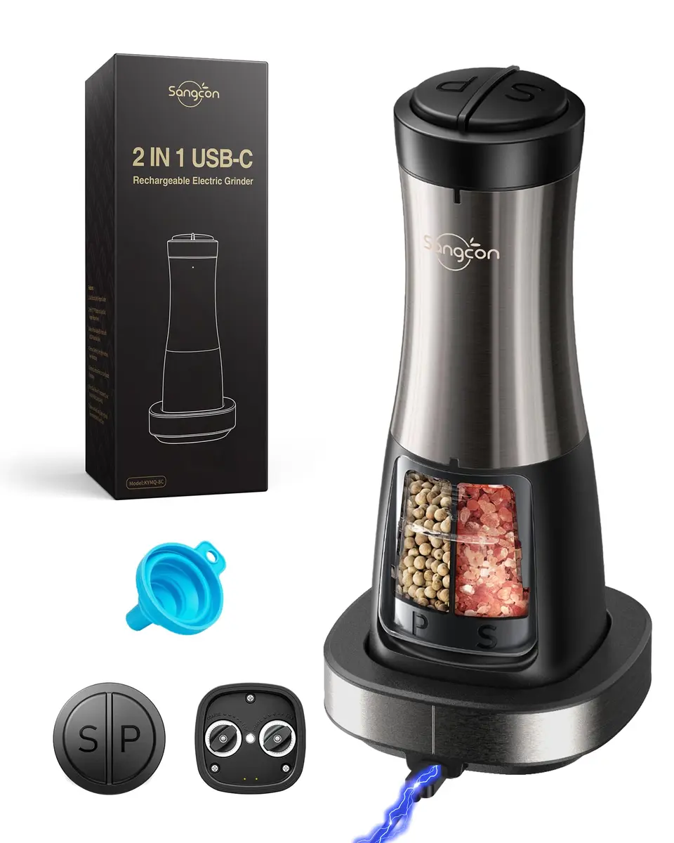 Sangcon 2-in-1 Rechargeable Salt and Pepper Grinder Set with USB-C Base & Light | Gunmetal Plus - main product image