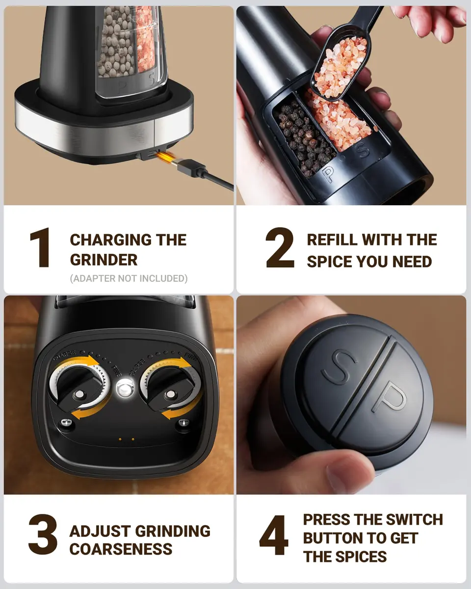 Sangcon 2-in-1 Rechargeable Salt and Pepper Grinder Set with USB-C Base & Light | Gunmetal Plus - view 8