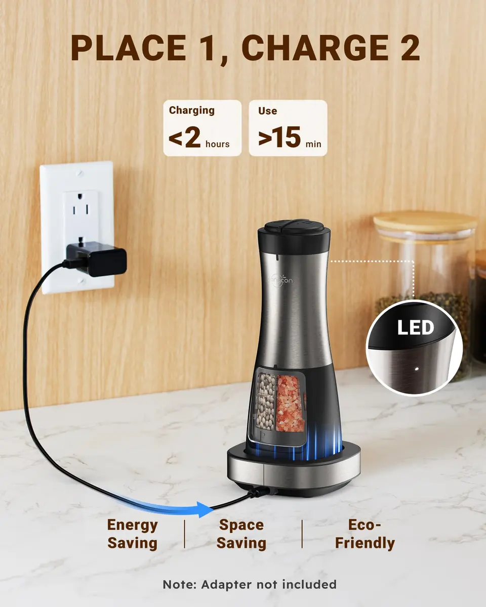 Sangcon 2-in-1 Rechargeable Salt and Pepper Grinder Set with USB-C Base & Light | Gunmetal Plus - view 3
