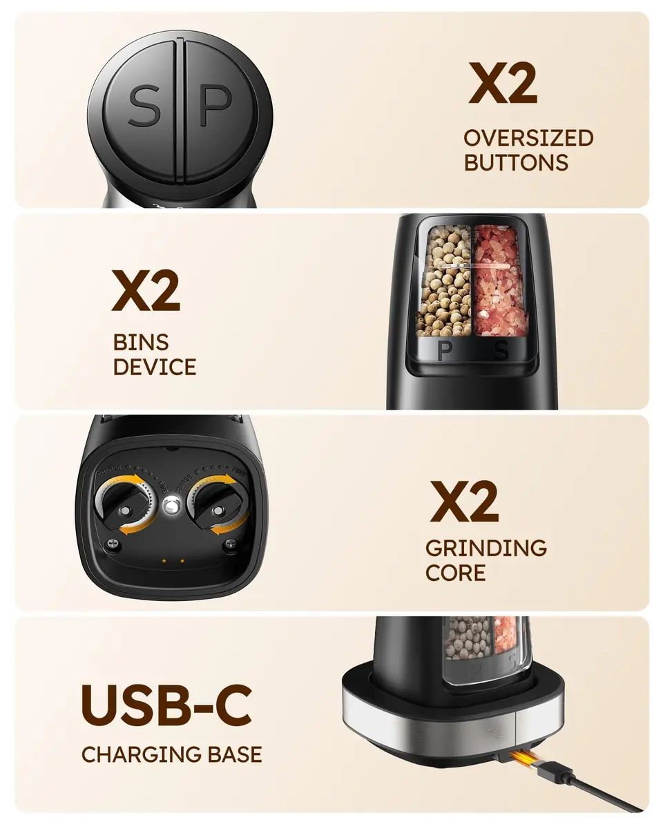 Sangcon 2-in-1 Rechargeable Salt and Pepper Grinder Set with USB-C Base & Light | Gunmetal Plus - view 4