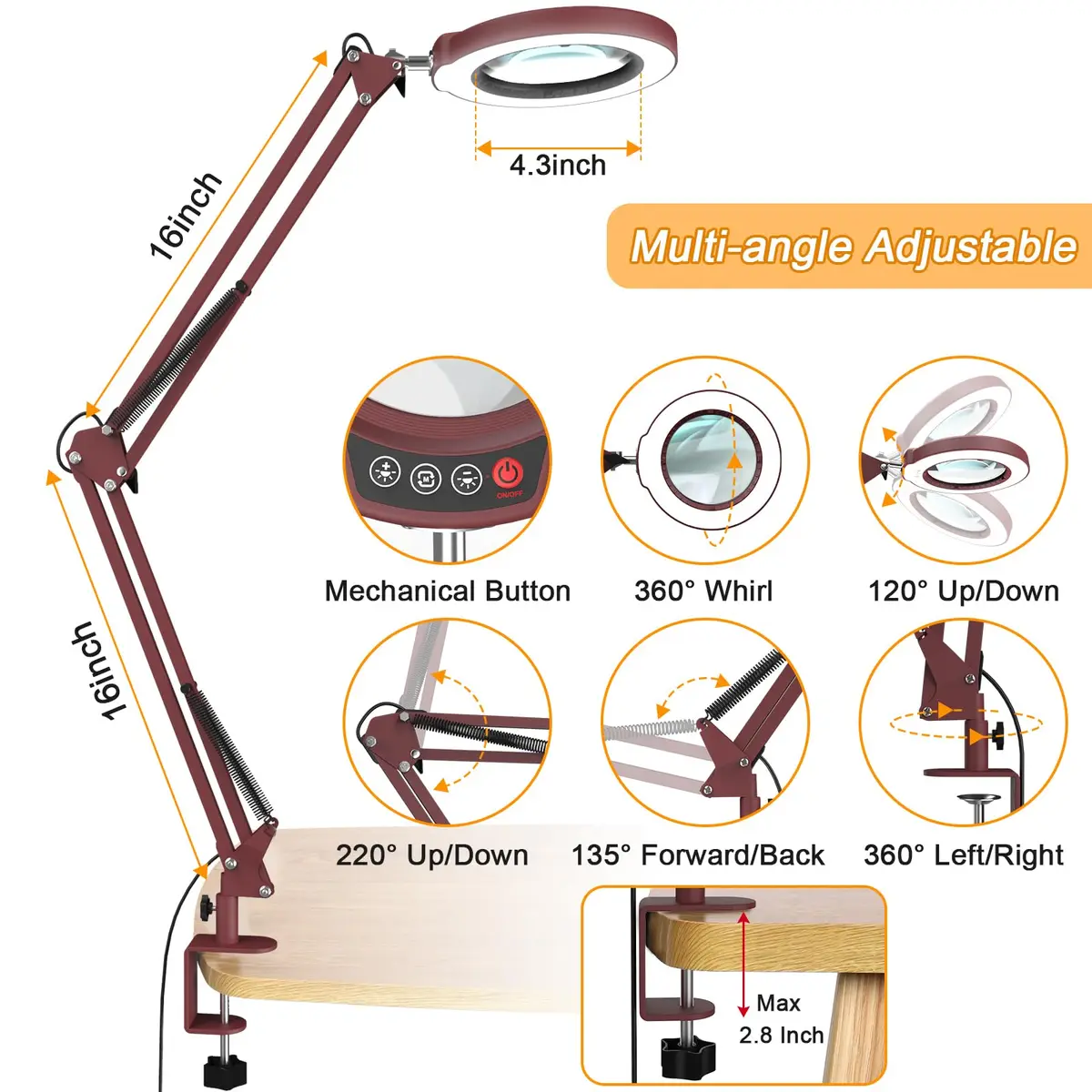 Krstlv Magnifier with Light & Clamp 12X | Adjustable Swing Arm Desk Lamp for Close Work - view 3