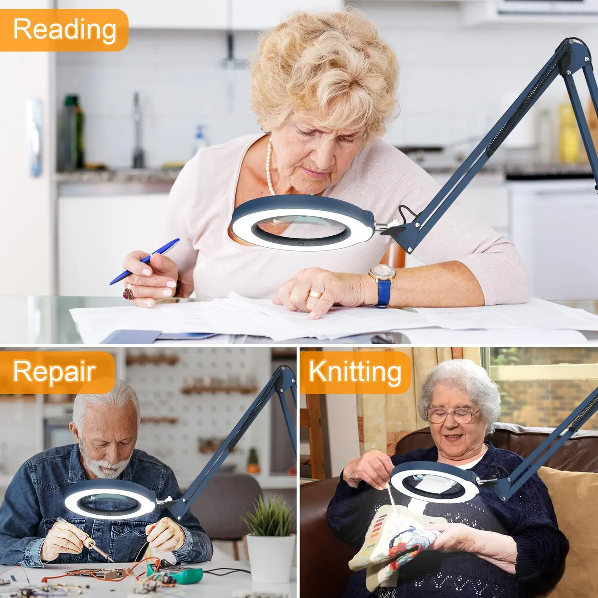 Krstlv Magnifier with Light & Clamp 12X | Adjustable Swing Arm Desk Lamp, Real Glass, 5 Color Modes, Dimmable, Blue - view 6