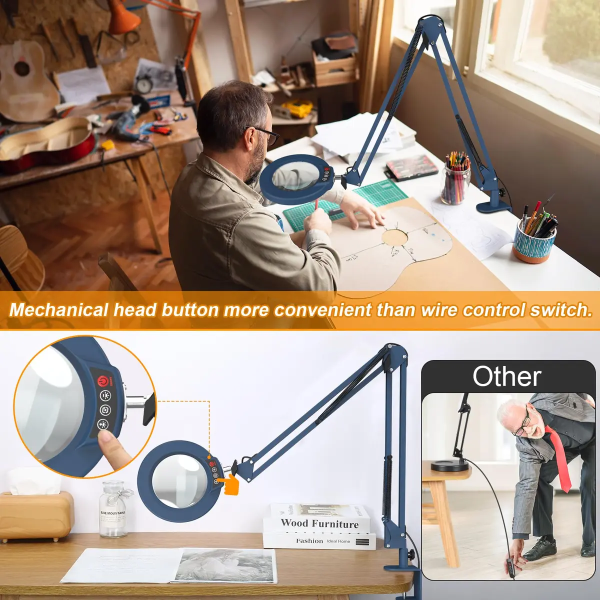 Krstlv Magnifier with Light & Clamp 12X | Adjustable Swing Arm Desk Lamp, Real Glass, 5 Color Modes, Dimmable, Blue - view 2