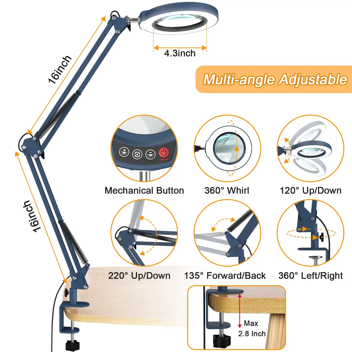 Krstlv Magnifier with Light & Clamp 12X | Adjustable Swing Arm Desk Lamp, Real Glass, 5 Color Modes, Dimmable, Blue - view 3