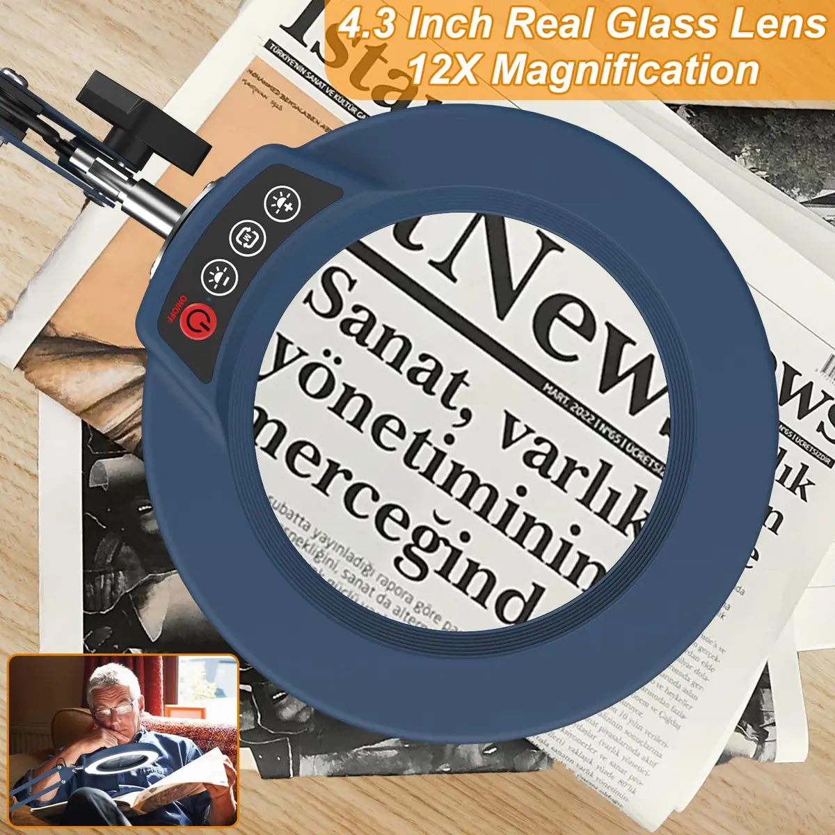 Krstlv Magnifier with Light & Clamp 12X | Adjustable Swing Arm Desk Lamp, Real Glass, 5 Color Modes, Dimmable, Blue - view 4