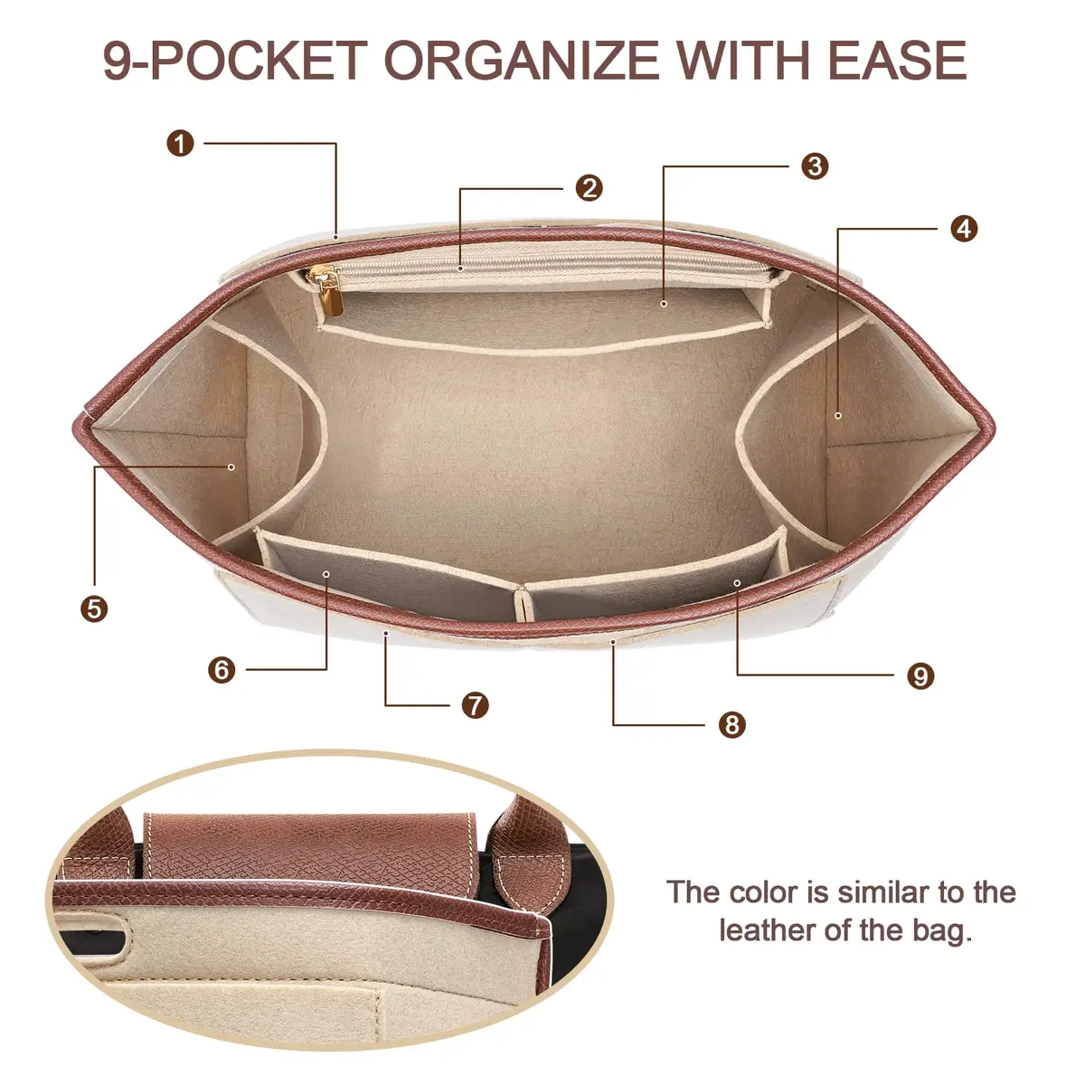 DOIAPUOS Felt Purse Organizer Insert for Longchamp Le Pliage M Bag, Beige Medium | Keeps Your Handbag Tidy - view 4