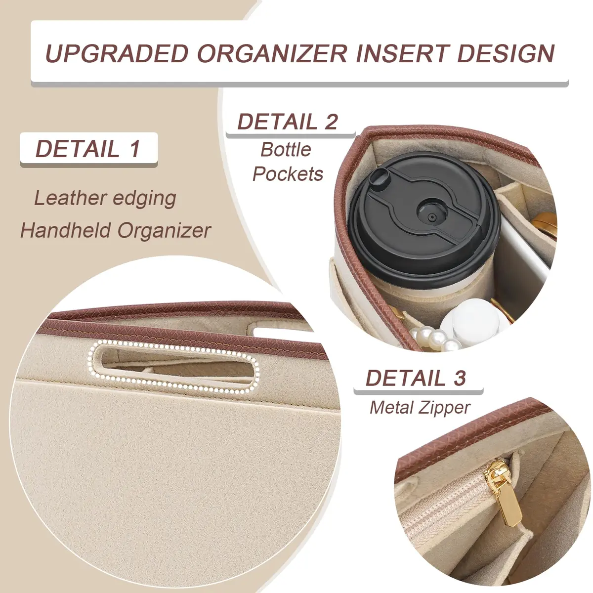 DOIAPUOS Felt Purse Organizer Insert for Longchamp Le Pliage L Bag, Beige, Large | Lightweight Organizer with 6 Pockets - view 5