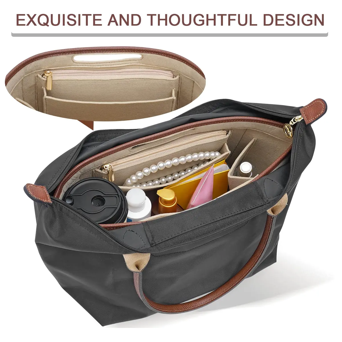 DOIAPUOS Felt Purse Organizer Insert for Longchamp Le Pliage L Bag, Beige, Large | Lightweight Organizer with 6 Pockets - view 6