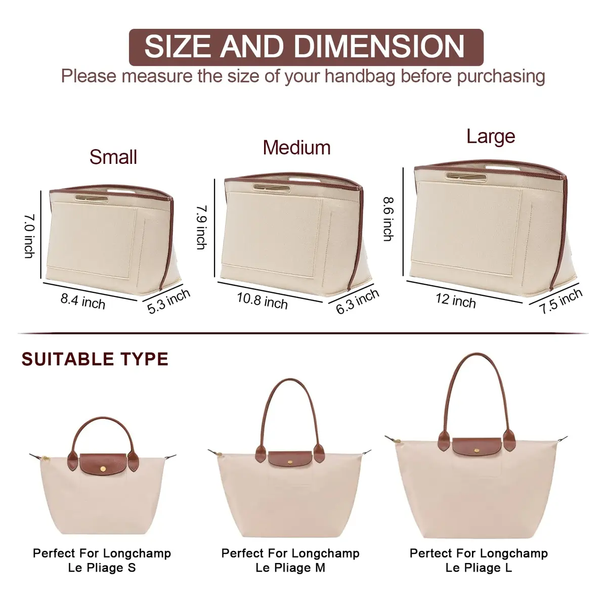 DOIAPUOS Felt Purse Organizer Insert for Longchamp Le Pliage L Bag, Beige, Large | Lightweight Organizer with 6 Pockets - view 2