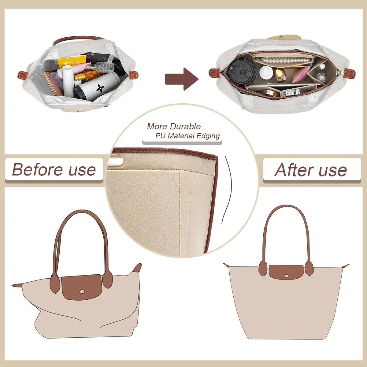 DOIAPUOS Felt Purse Organizer Insert for Longchamp Le Pliage L Bag, Beige, Large | Lightweight Organizer with 6 Pockets - view 3