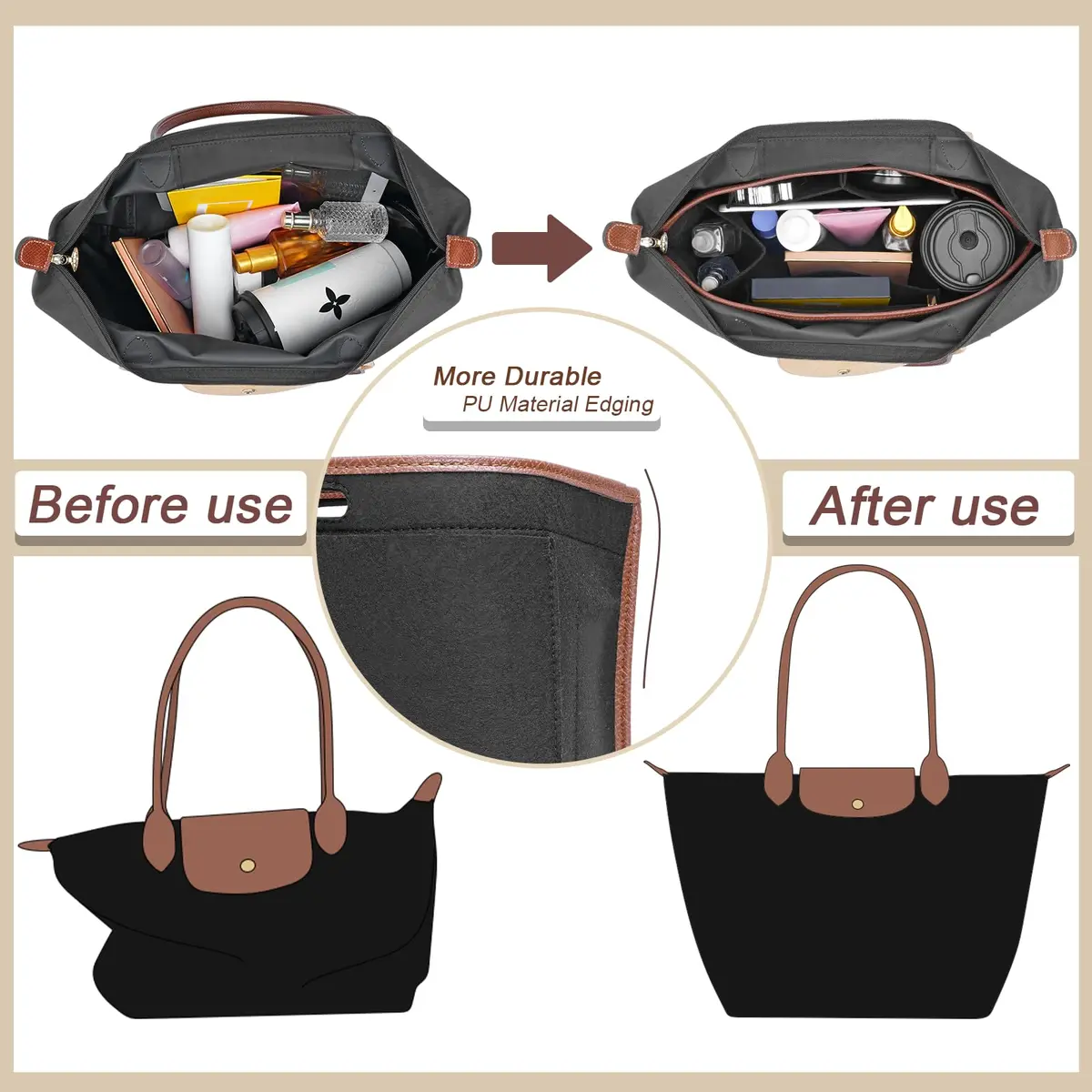 DOIAPUOS Felt Purse Organizer Insert for Longchamp Le Pliage L Bag | Large Felt Bag Insert for Women - view 3
