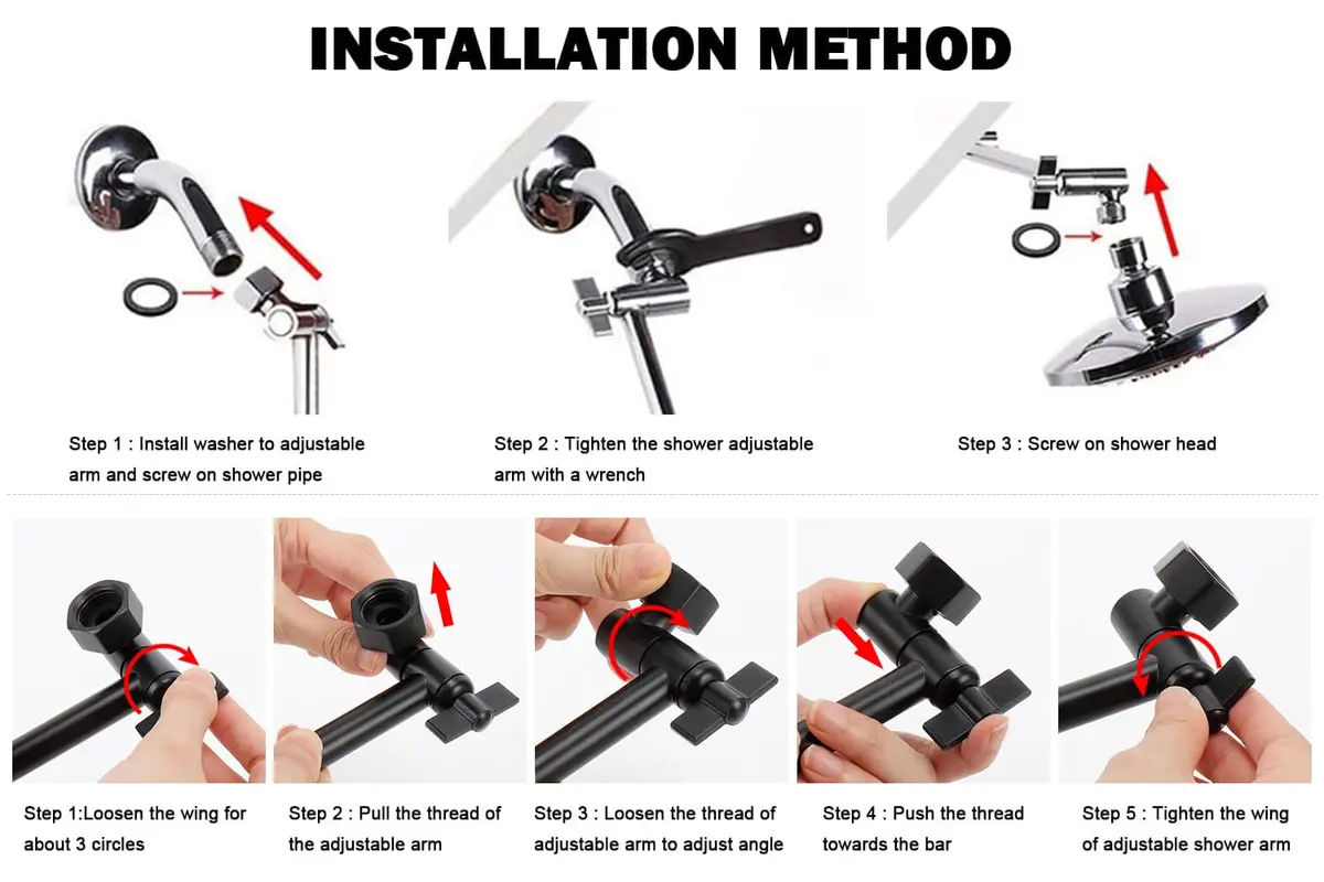 NearMoon Adjustable Shower Arm 5 Inch Matte Black | Universal Connection, Anti-leak, Easy Install - view 7