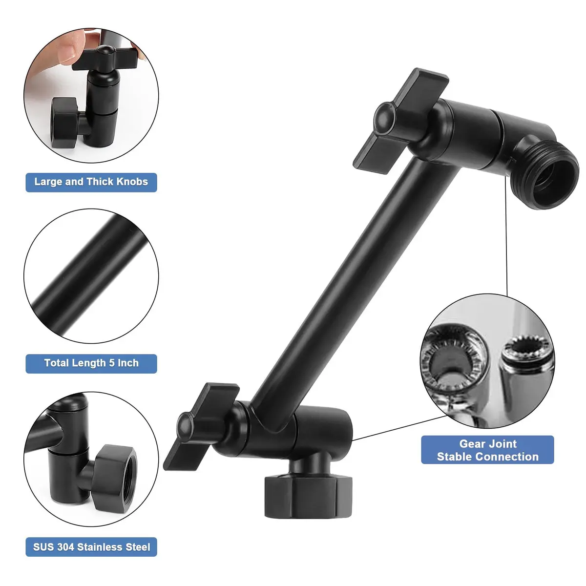 NearMoon Adjustable Shower Arm 5 Inch Matte Black | Universal Connection, Anti-leak, Easy Install - view 4