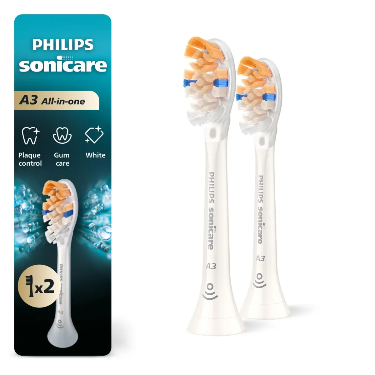 Philips Sonicare A3 All-in-One Brush Heads, 2-Pack, 6 Month Supply, White | 2000% More Plaque Removal - main product image