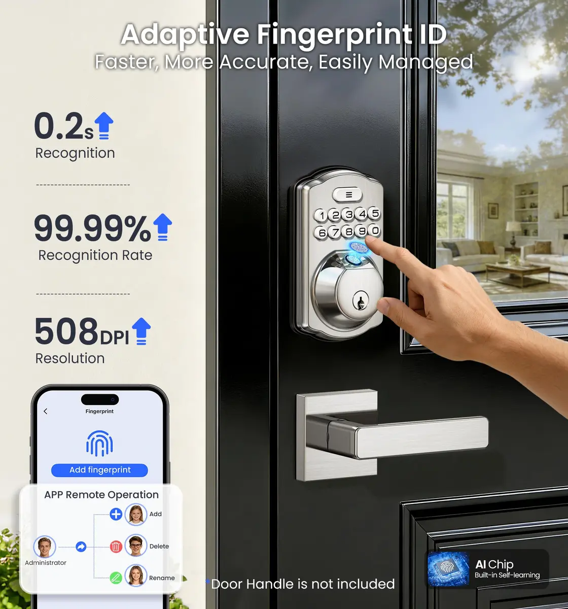 Veise VE012W WiFi Fingerprint Smart Lock with App Control & Keyless Entry, Satin Nickel (1-Pack) - view 4