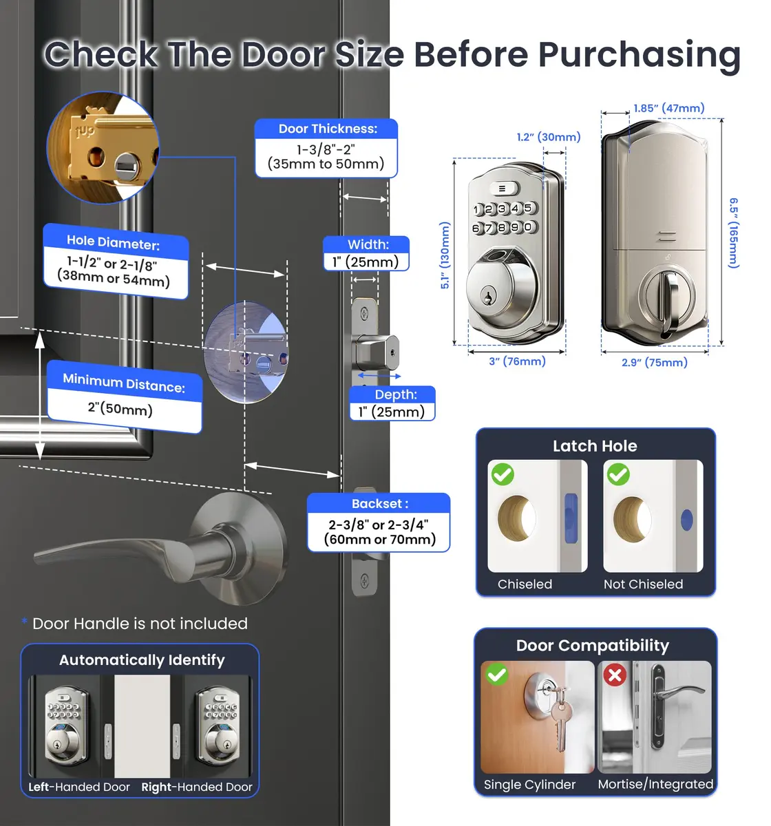 Veise VE012W WiFi Fingerprint Smart Lock with App Control & Keyless Entry, Satin Nickel (1-Pack) - view 6