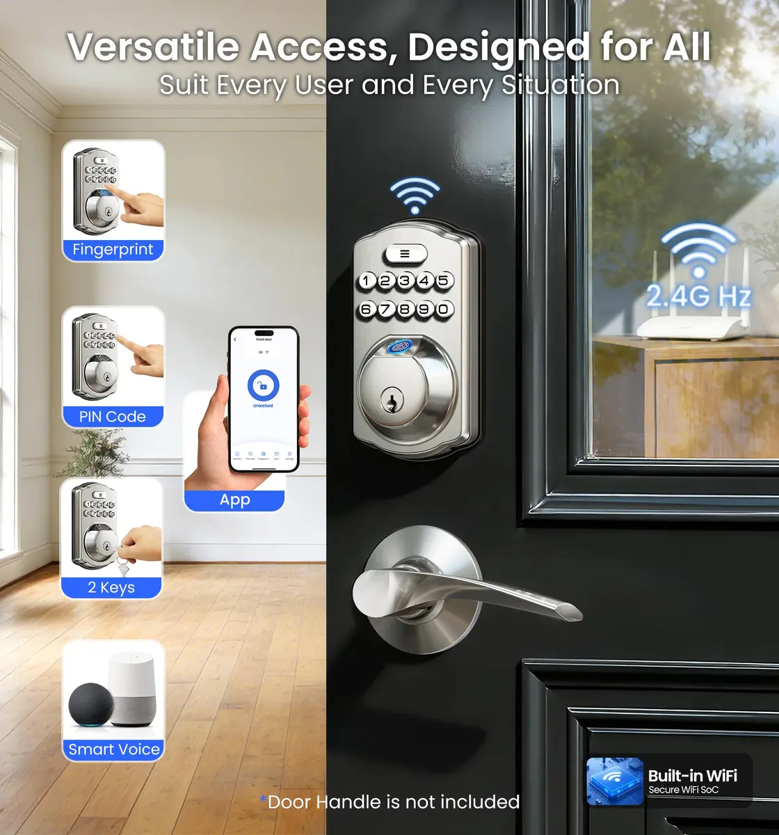 Veise VE012W WiFi Fingerprint Smart Lock with App Control & Keyless Entry, Satin Nickel (1-Pack) - view 2