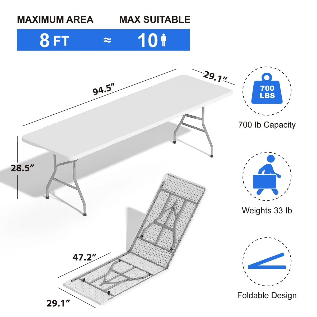 IWDOO 8 FT Folding Table for Camping & Events | Heavy Duty Support, Waterproof, Portable - view 2