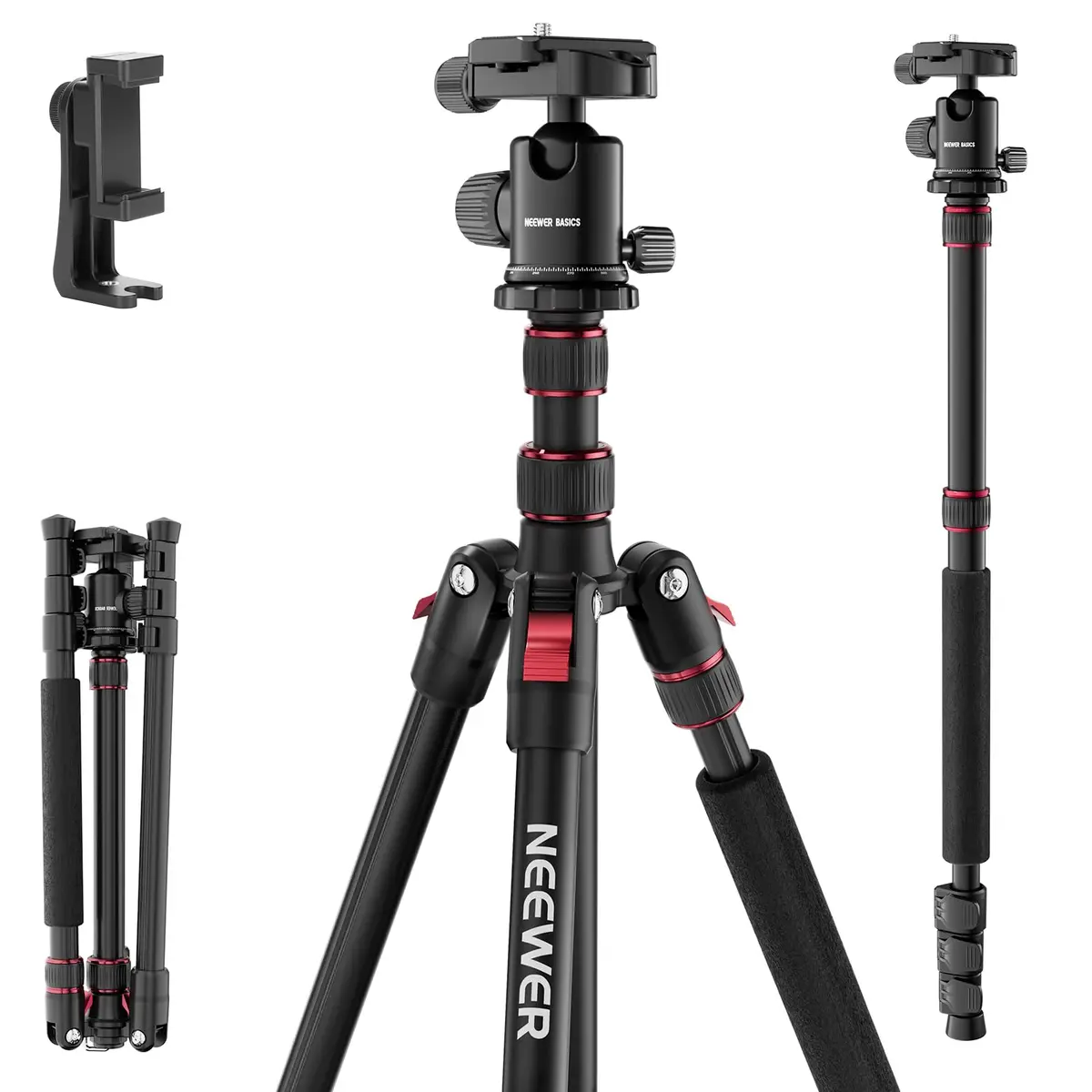 NEEWER Camera Tripod Monopod, 71" Aluminum Heavy Duty Travel Stand with 360° Ball Head & Phone Holder - main product image