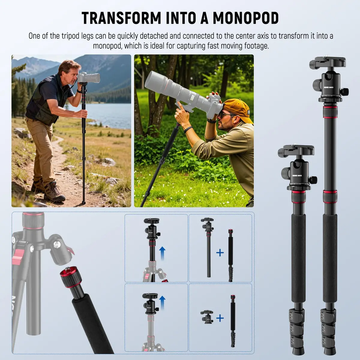NEEWER Camera Tripod Monopod, 71" Aluminum Heavy Duty Travel Stand with 360° Ball Head & Phone Holder - view 6