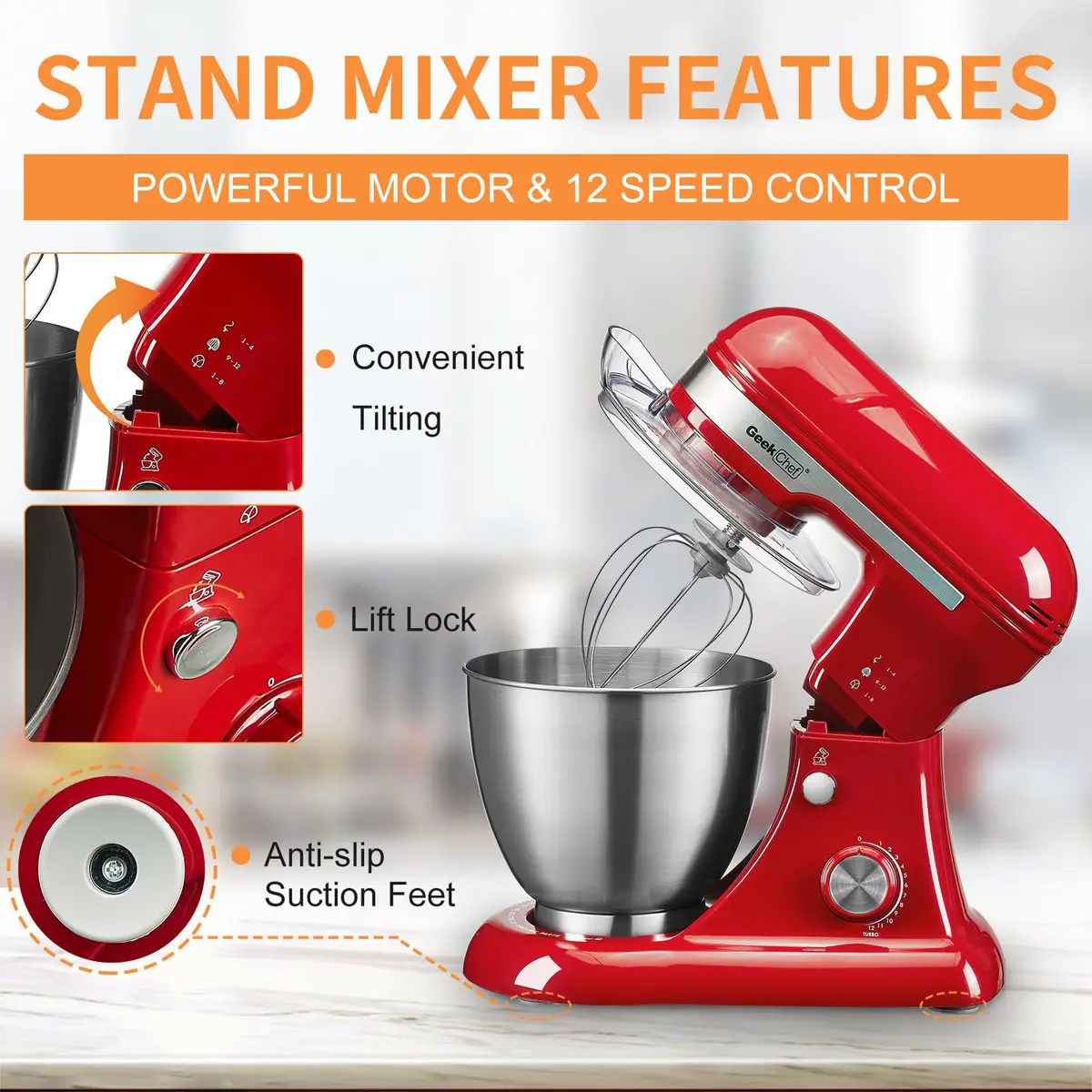 Geek Chef Electric Stand Mixer 4.8QT Bright Red | 12 Speeds, Tilt-Head, 280W Power - view 3