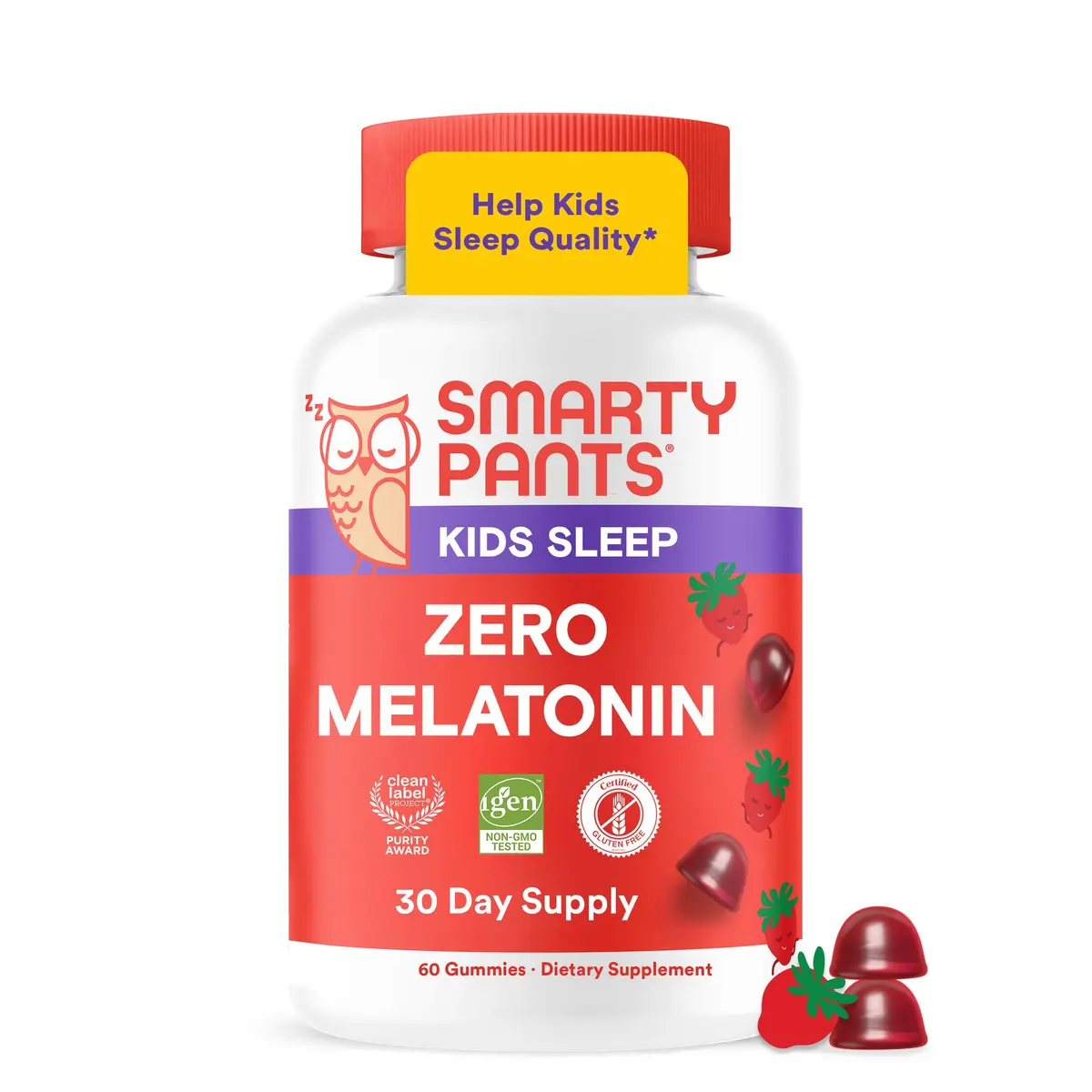 SmartyPants Kids Sleep Zero Melatonin Gummies with L-Theanine, Lemon Balm & Magnesium, Gluten Free, Strawberry Flavor, 60 Gummies | Drug-Free Sleep Support - main product image