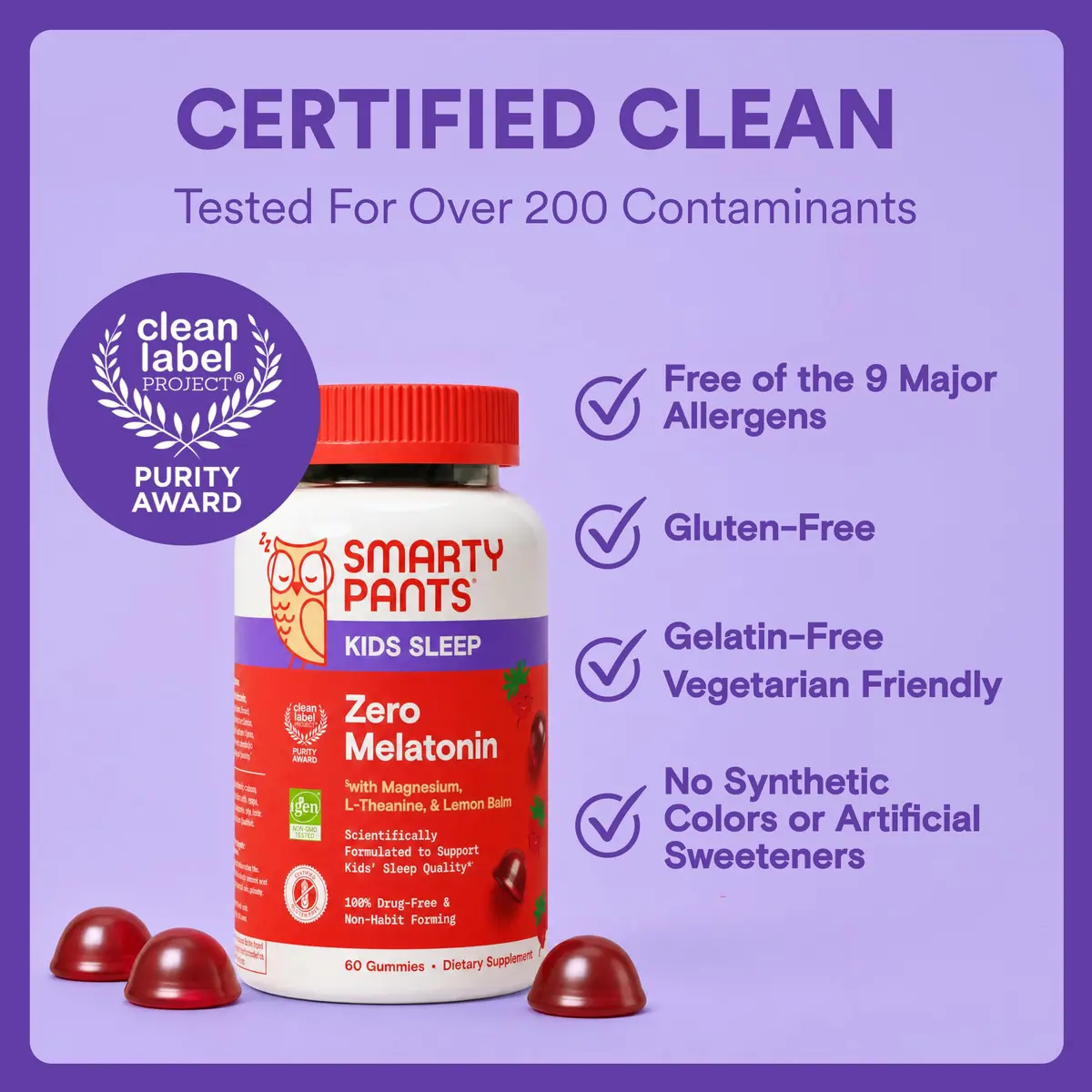 SmartyPants Kids Sleep Zero Melatonin Gummies with L-Theanine, Lemon Balm & Magnesium, Gluten Free, Strawberry Flavor, 60 Gummies | Drug-Free Sleep Support - view 9