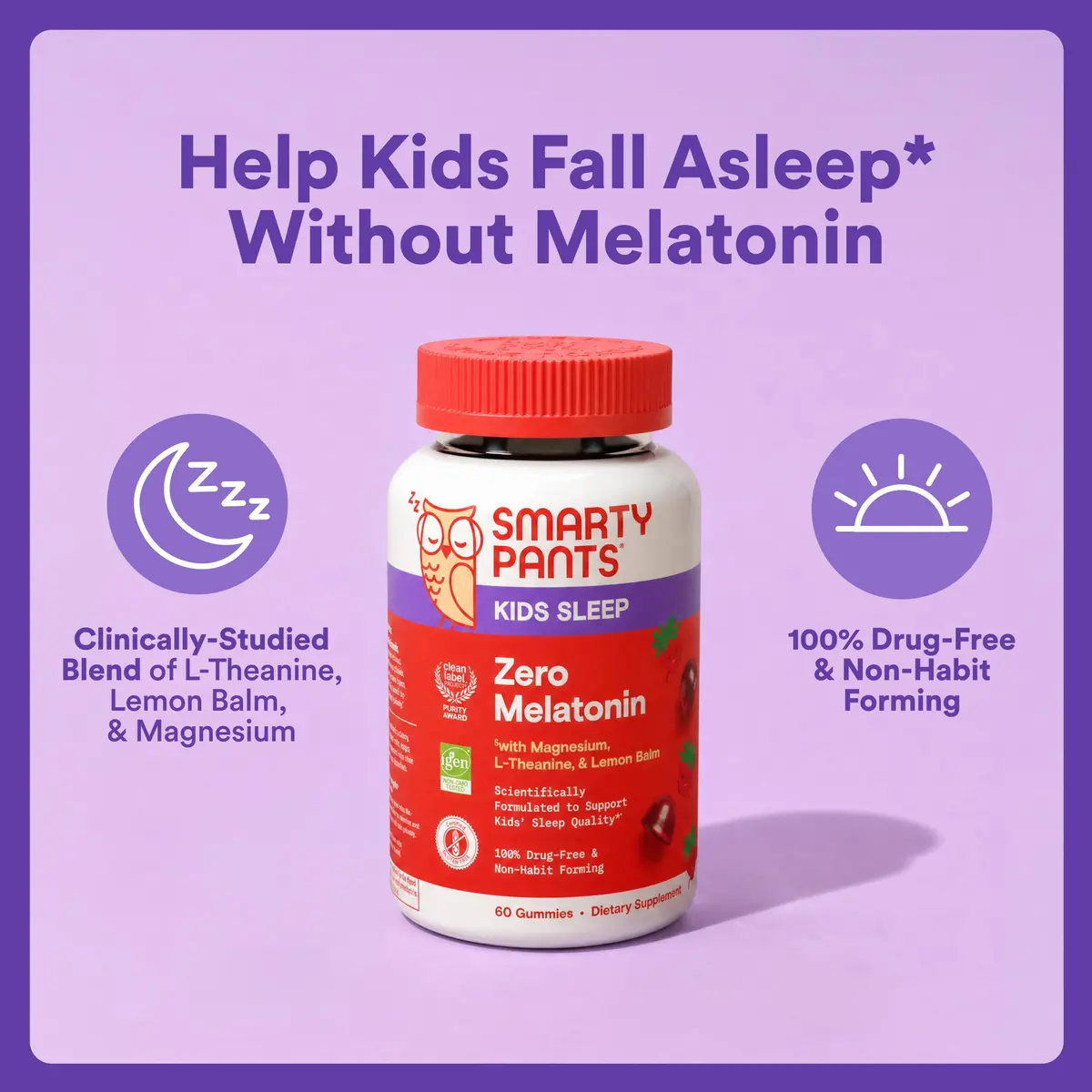 SmartyPants Kids Sleep Zero Melatonin Gummies with L-Theanine, Lemon Balm & Magnesium, Gluten Free, Strawberry Flavor, 60 Gummies | Drug-Free Sleep Support - view 2