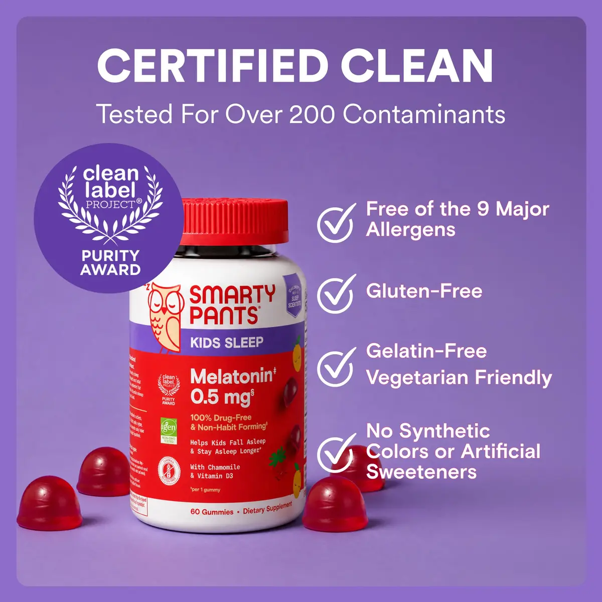 SmartyPants Kids Sleep Melatonin 0.5mg Gummies with Chamomile & Vitamin D3 | Gluten Free, Drug Free, Strawberry Mango Flavor - view 9