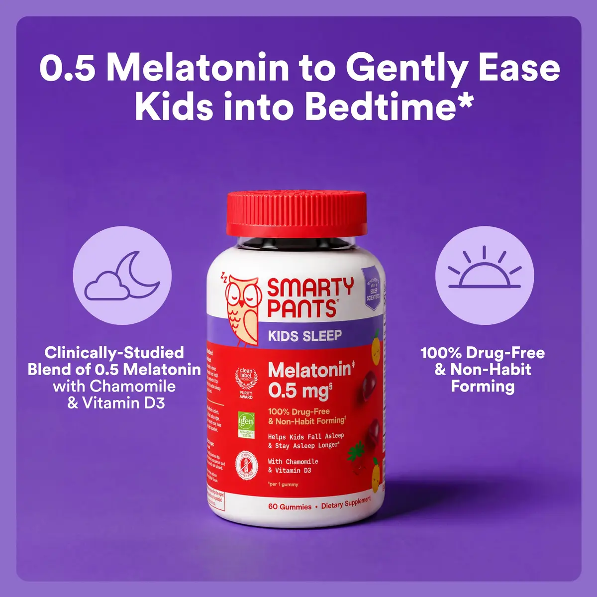 SmartyPants Kids Sleep Melatonin 0.5mg Gummies with Chamomile & Vitamin D3 | Gluten Free, Drug Free, Strawberry Mango Flavor - view 2