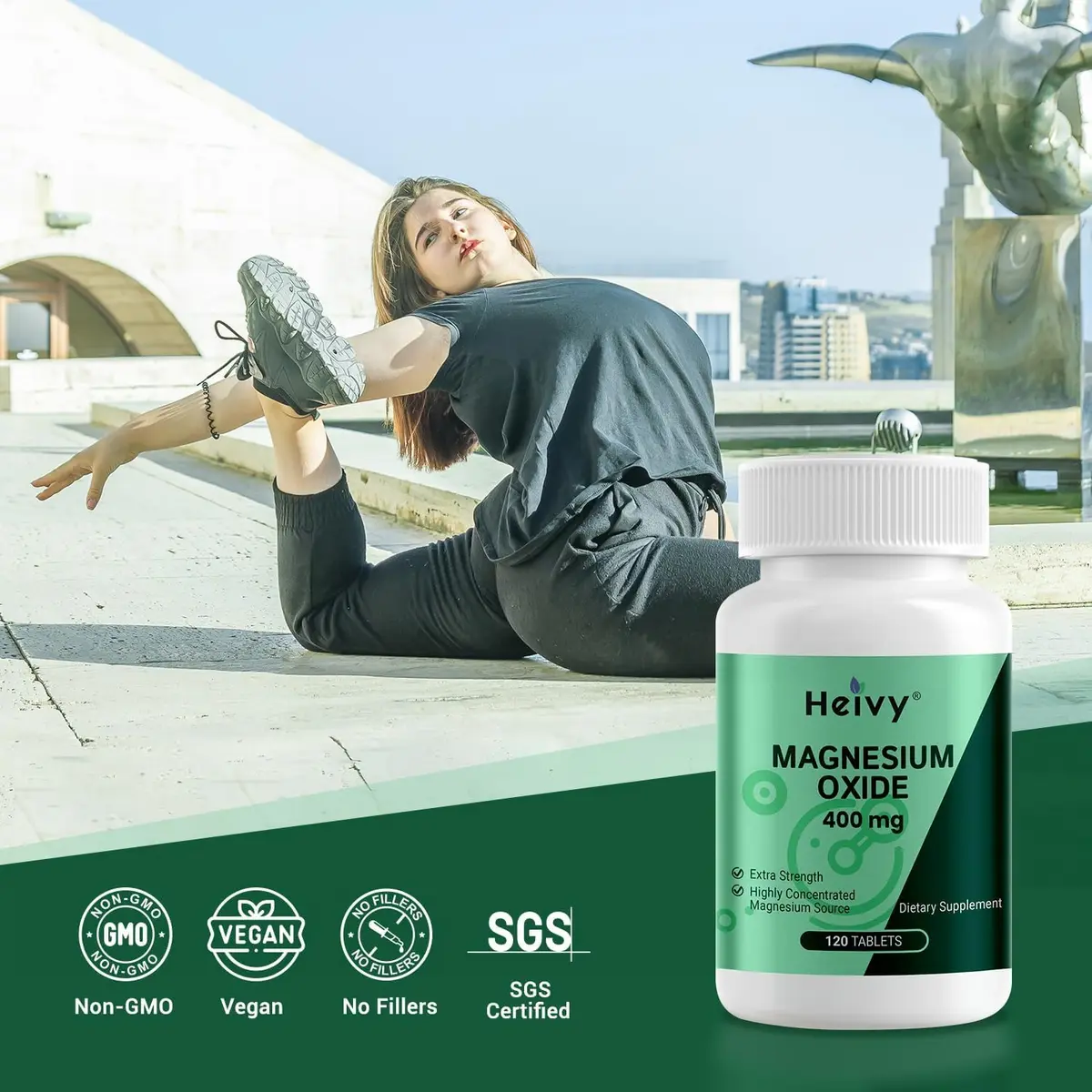 Heivy Magnesium Oxide 400mg | Vegan Mineral Supplement for Muscle Recovery & Relaxation in USA (120 Tablets x 2 Bottles) - view 5