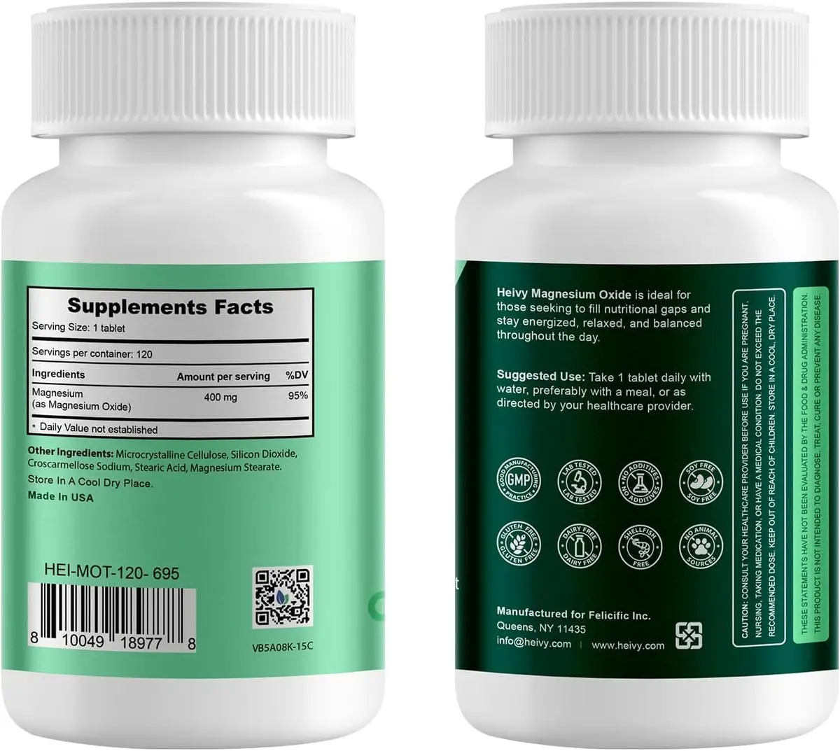 Heivy Magnesium Oxide 400mg | Vegan Mineral Supplement for Muscle Recovery & Relaxation in USA (120 Tablets x 2 Bottles) - view 2